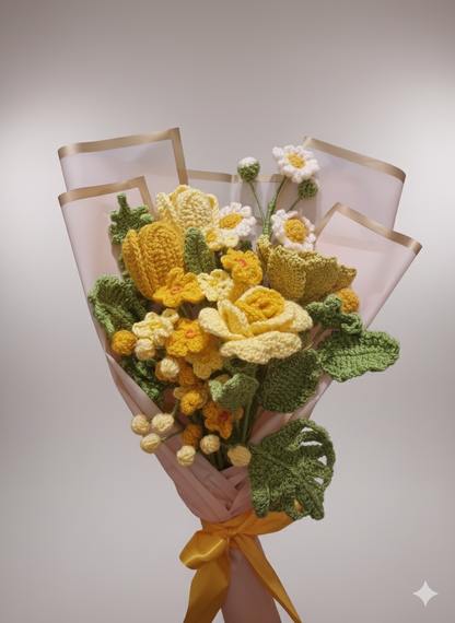 Handmade Crochet Flower Bouquet – Yellow Roses, Tulips, Daisies