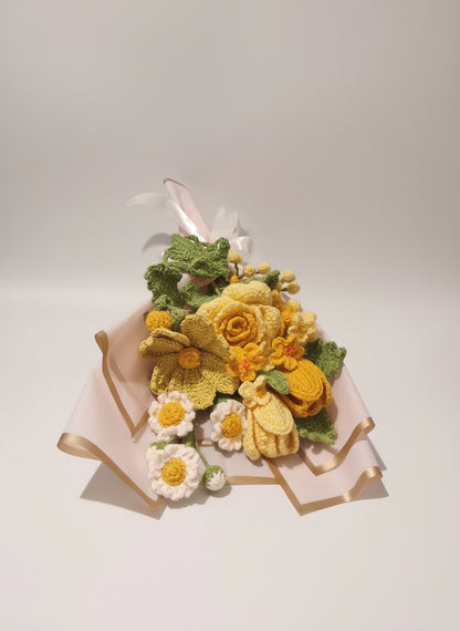 Handmade Crochet Flower Bouquet – Yellow Roses, Tulips, Daisies