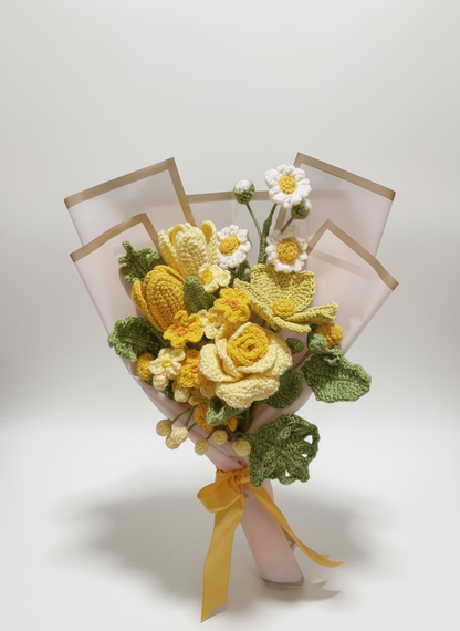 Handmade Crochet Flower Bouquet – Yellow Roses, Tulips, Daisies