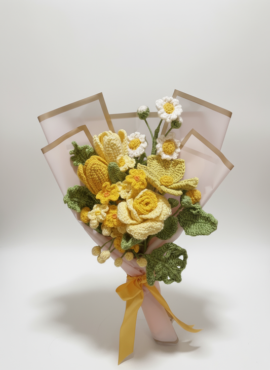 Handmade Crochet Flower Bouquet – Yellow Roses, Tulips, Daisies