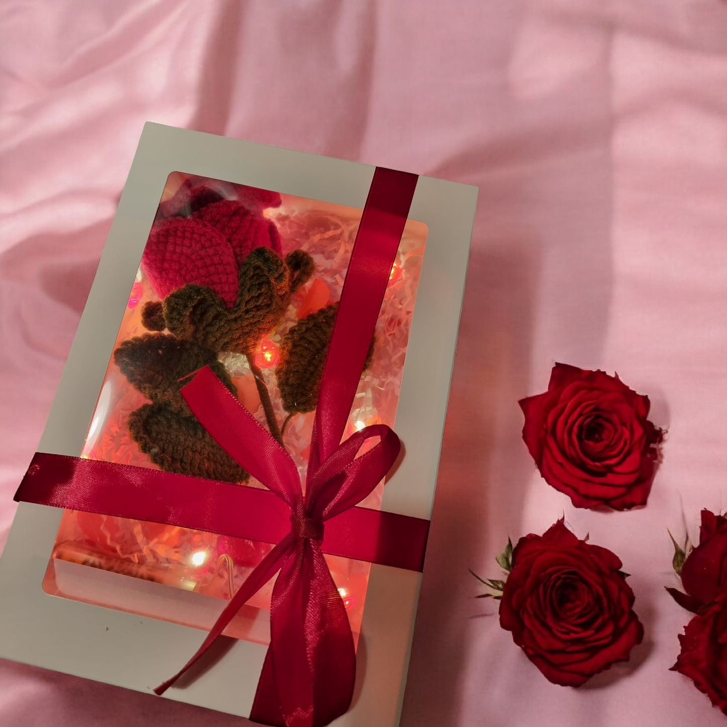 Crochet Rose Gift Box – Handmade Keepsake with LED Lights