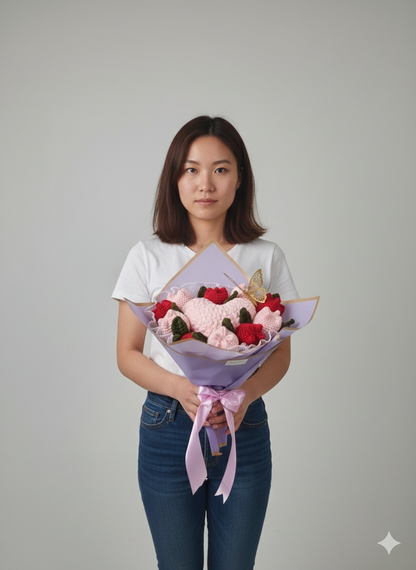 🌸 Handmade Crochet Tulip & "Fluffy Heart" Bouquet 🌸