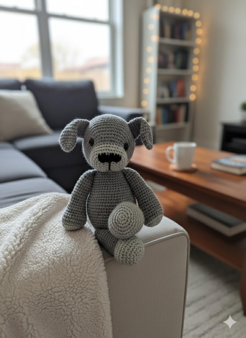 Handcrafted Gray Crochet Dog, Amigurumi Stuffed Animal Toy