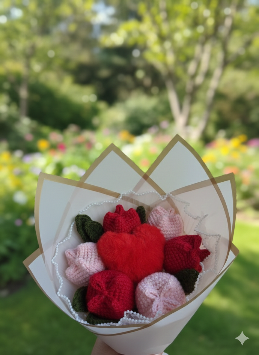 Everlasting Handmade Crochet Tulip & Heart Bouquet