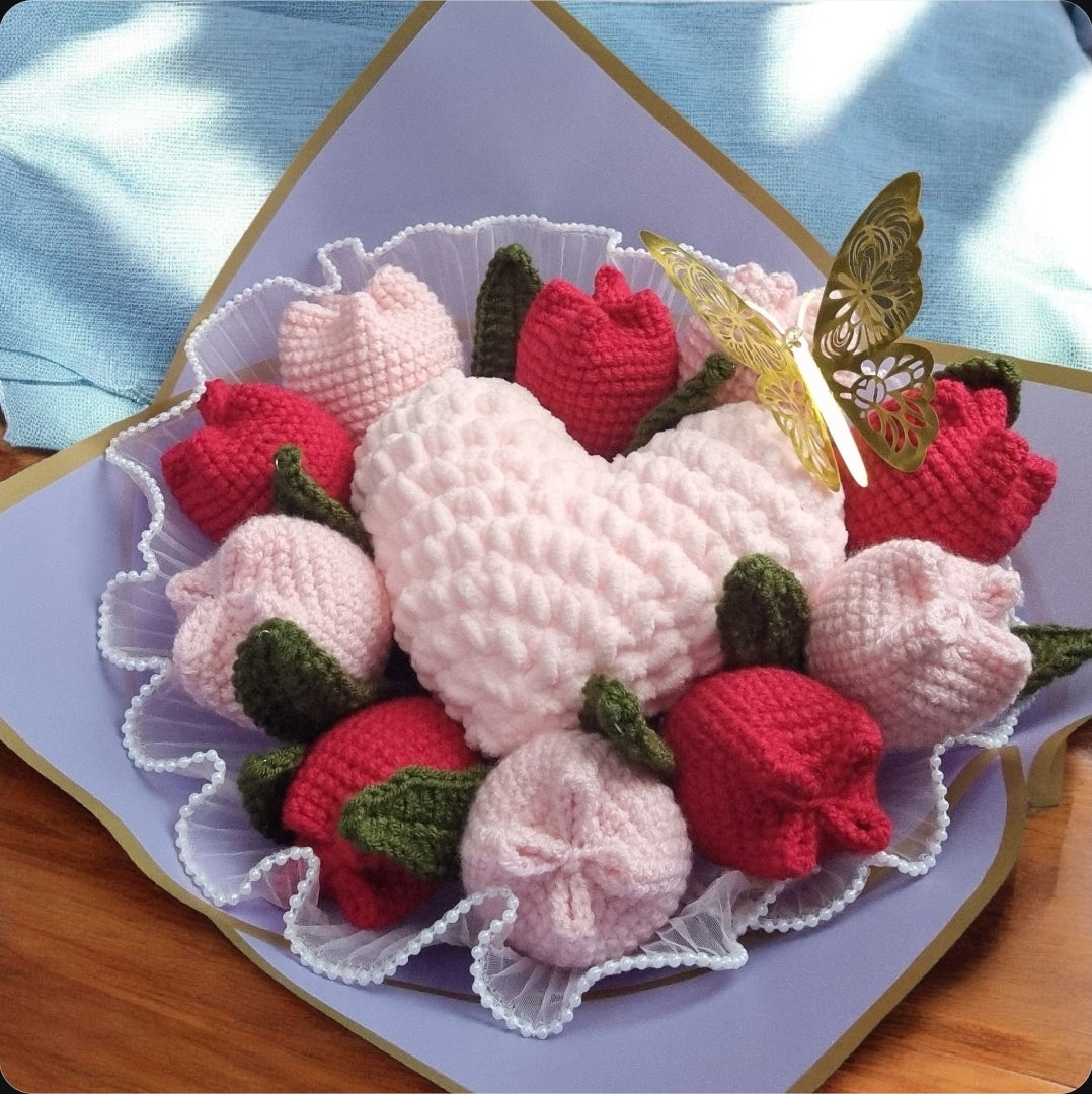 🌸 Handmade Crochet Tulip & "Fluffy Heart" Bouquet 🌸