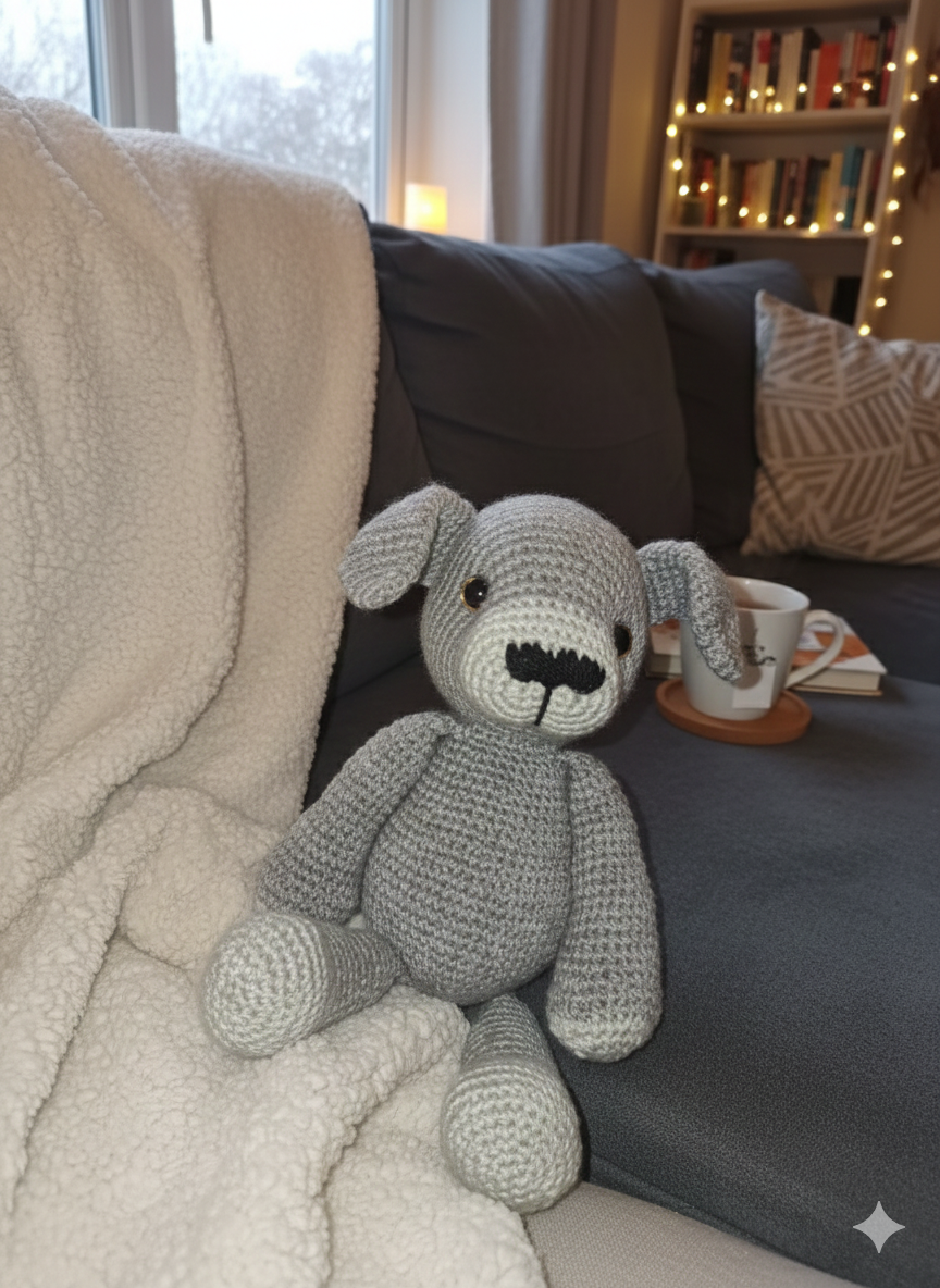 Handcrafted Gray Crochet Dog, Amigurumi Stuffed Animal Toy