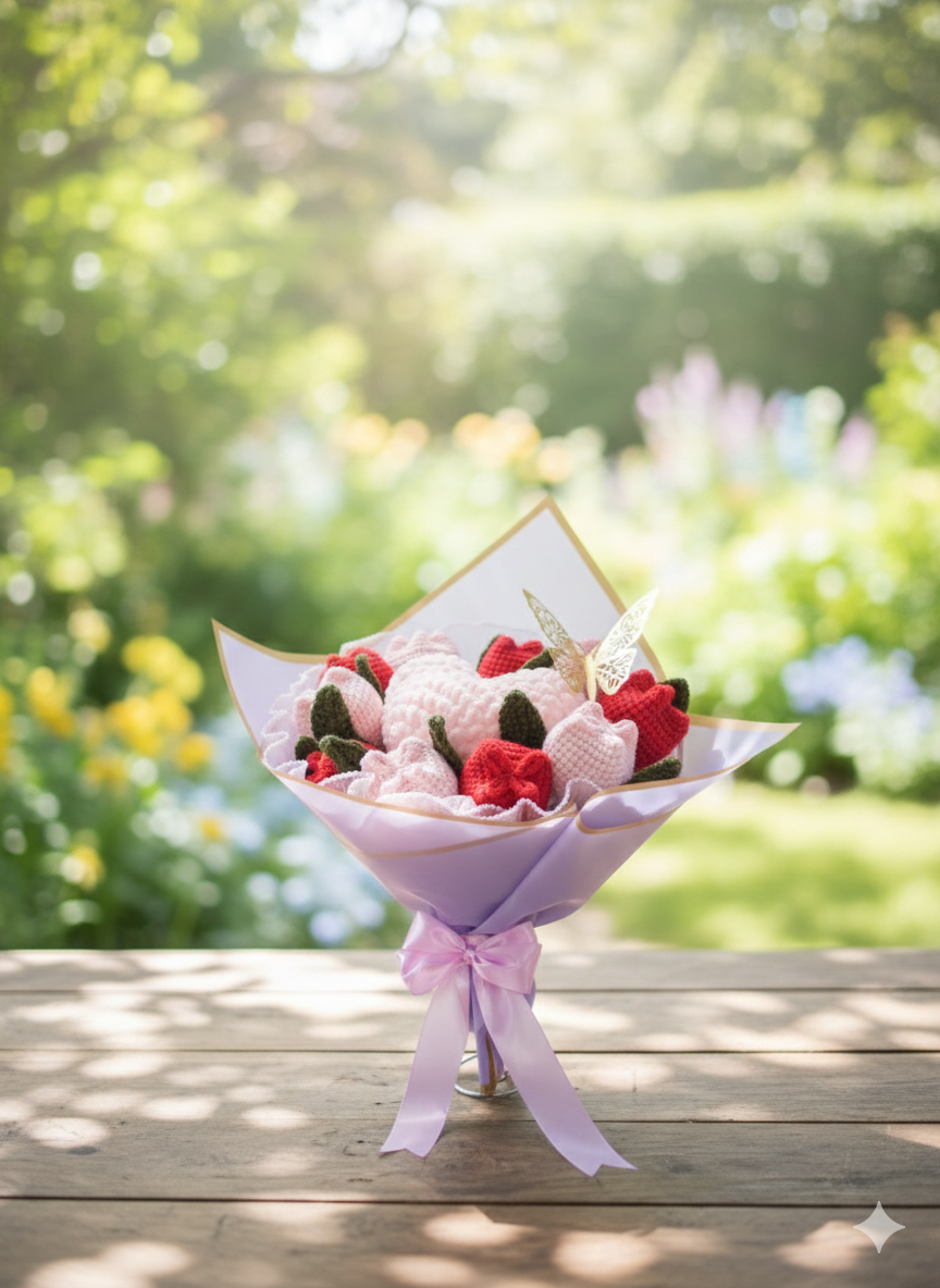 🌸 Handmade Crochet Tulip & "Fluffy Heart" Bouquet 🌸