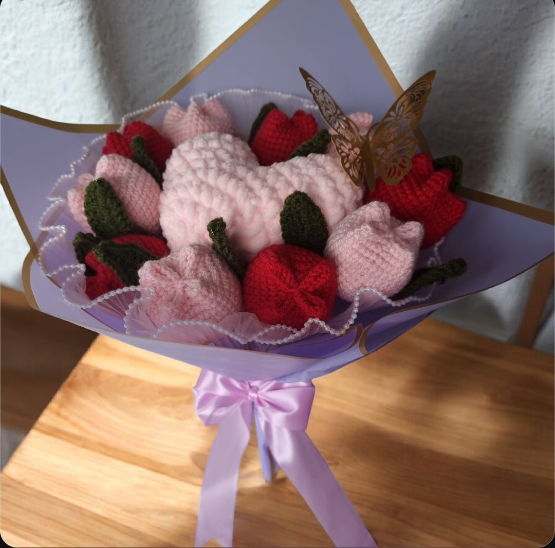 🌸 Handmade Crochet Tulip & "Fluffy Heart" Bouquet 🌸